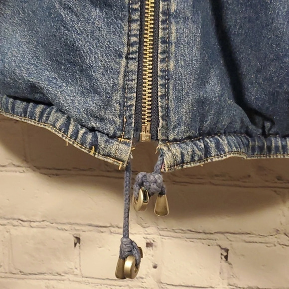 Vintage 90's Denim and Plaid Zip Up Midweight Reversible Coat w Zipper Sleeves - Picture 3 of 16